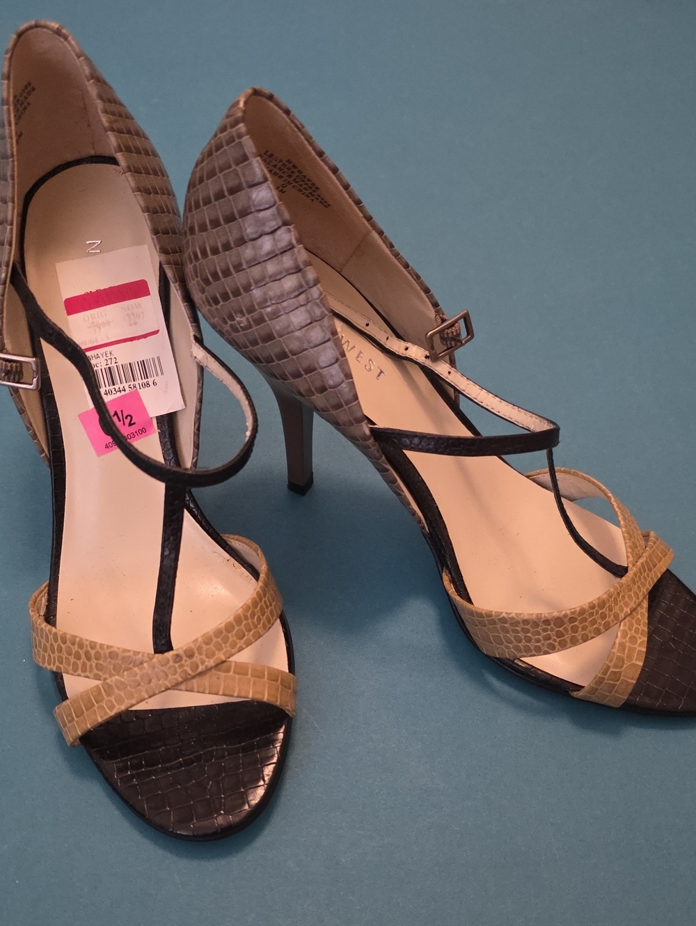 Nine West Black and Tan Croc-Embossed Strappy Heels